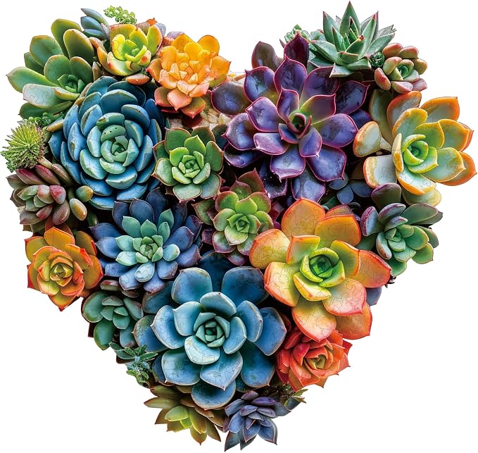 Mys Aurora Jigsaw Puzzles,300 Pieces Heart Succulent Wooden Puzzles for Adults, Unique Shaped Plant Puzzles,Brain Teaser Family Flower Puzzle Game 13.2 x 12.6 Inch