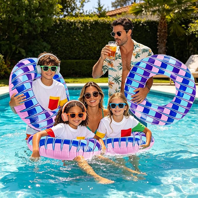 4 Pcs Video Game Party Pool Floats - 28 Inch Color Themed Kids Swim Rings (Ages 10-15), Inflatable Pool Toys for Hawaiian, Beach, Water Park