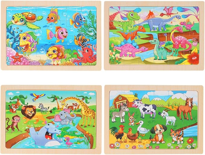 4-Pack Wooden Puzzles for Kids Ages 4-6, 24 Piece Animal Dinosaur Marine Farm Jigsaw Puzzles, Preschool Toddlers Learning Activity Puzzles Toys for Boys Girls 3 4 5 6 Years Old