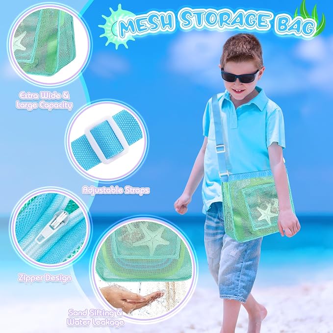 Beach Shell Collecting Set, Sand Toys with 2 Collapsible Buckets, Shark Tooth Sifters, Sand Scoops, Mesh Bags, Outdoor Exploration Tools & Treasure Hunt Toys for Kids, Family Beach Vacation Essentials