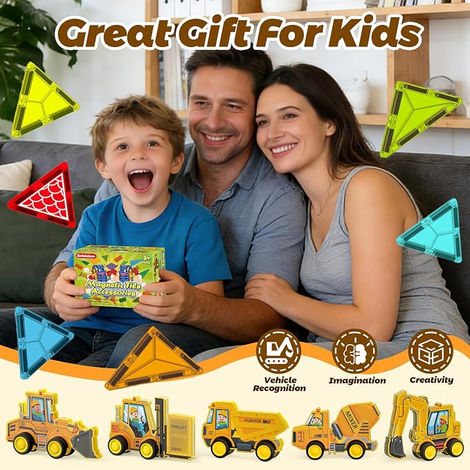 3D Construction Vehicle Toys for Kids Magnetic Tiles & Blocks, 5pcs Preschool STEM Educational Learning Toys Inc Excavator Bulldozer Forklift Dump Truck Digger Compat Magnet Tiles