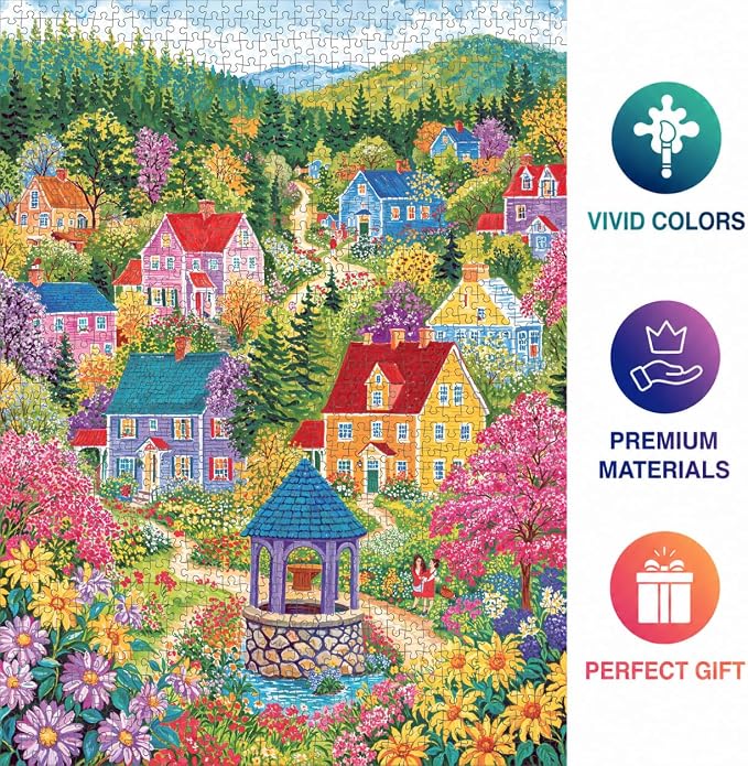Cross & Glory - Sunshine at Wishing Well Lane - 1000 Piece Jigsaw Puzzle for Adults | Colourful New England Village Puzzle | Scenic Springtime Family Scene | Challenging and Relaxing