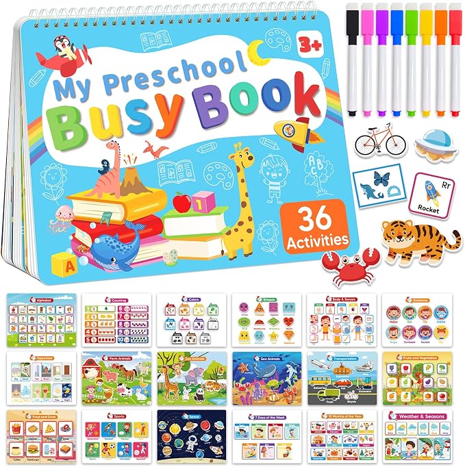 Toddler Busy Book Preschool Learning Activities, Montessori Educational Toys for 3 4 Year Old Boy Girl Gifts, Tracing Coloring Activity Books for Kids Ages 3-5, Autism Sensory Travel Toys for Toddlers