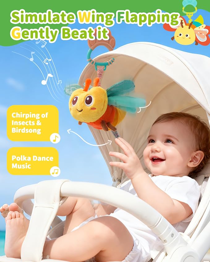 Jollybaby Musical Flying Dragonflies Toy - Car Seat, Stroller, Crib & Play Gym Hanging Toys for Baby 0-6-12-24 Months, Tummy Time Sensory Music Toy for Infant Boys and Girls Gifts