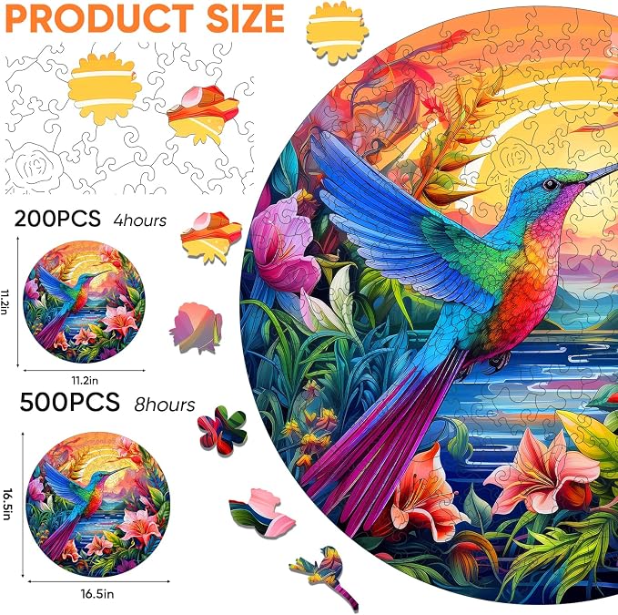 Mocfesk Wooden Puzzles, Hummingbird Jigsaw Puzzles 200 Pieces, Unique Shaped Bird Jigsaw Puzzles for Adults, Gifts for Seniors, Fun Family Game, 11.2 x 11.2 in