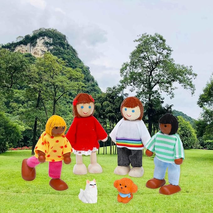 ONEST 17 Pieces Wooden Dollhouse Family Set Mini People Figures Dog Cat Sets Dollhouse Dolls Wooden Doll Family Pretend Play Figures Accessories for Pretend Doll House