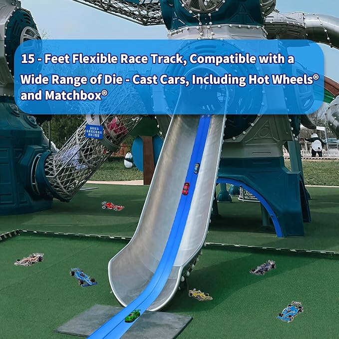 Flex Track 15 Ft Starter Set – Flexible Race Car Ramp Track for Kids, Double-Sided Racetrack for 1:64 Diecast Cars and Similar Toy Cars, Ages 3 & Up with Suction Cups，Blue