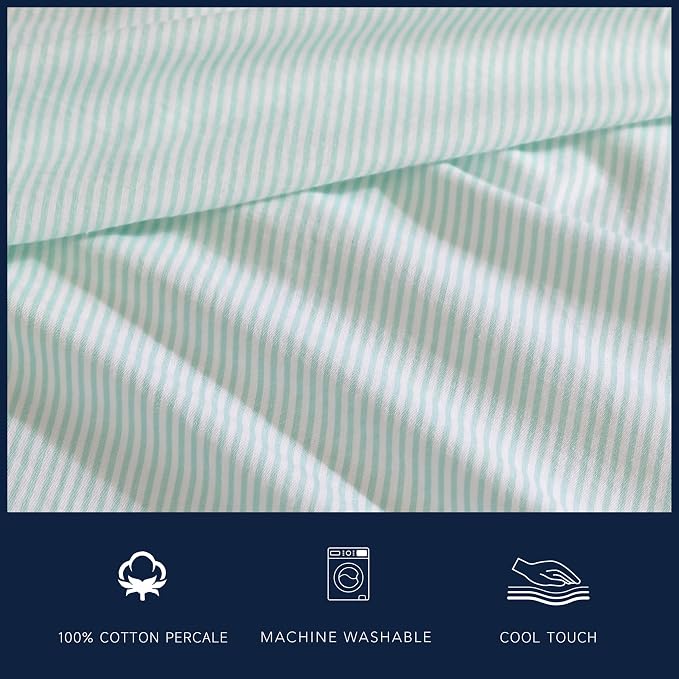 Nautica - Queen Size Sheet Set, Crisp & Tailored Cooling Sheets with a Smooth Cotton Percale Lightweight Feel - Bed Sheets with Matching Pillowcases & Fitted Sheet (Penny Pinstripe Green)