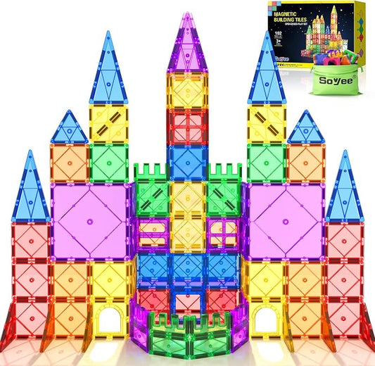 Soyee 102PCS Magnetic Tiles Building Blocks Stem Toys for 3+ Year Old Boys Girls Montessori Toys Toddler Kids Gifts Parents Approved Sensory Toys