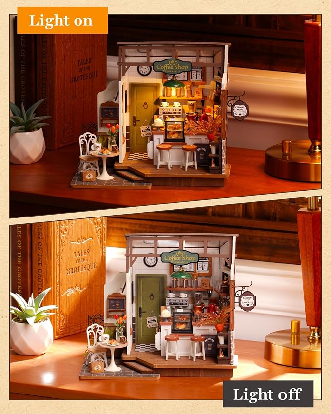 Robotime DIY Miniature House Kit, 1:18 Coffee Shop Diorama Dollhouse with LED Lights, 3D Wooden Puzzle Diorama for Adults, Craft Hobby Gift for Women Men Teens