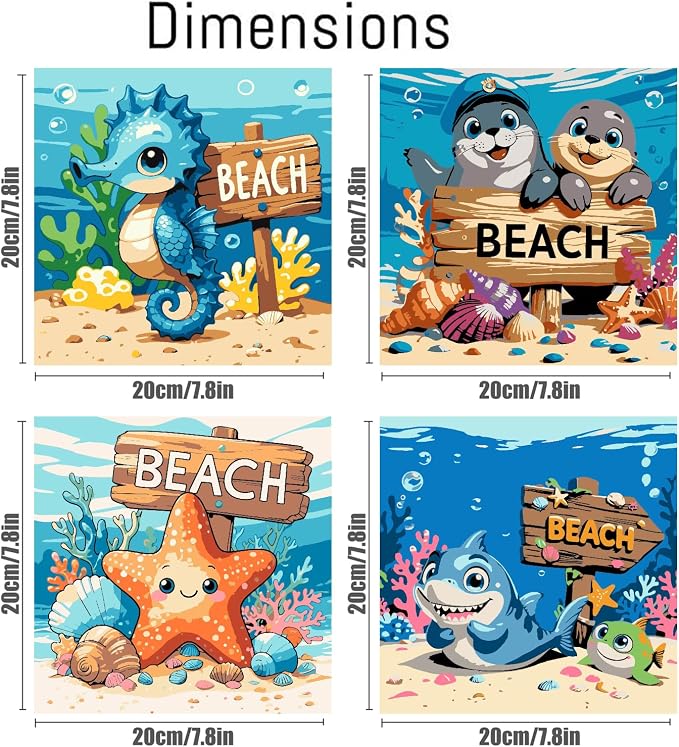 Mrnsiet 4 Pack Framed Paint by Numbers Kit for Kids, Cartoon Animals Paint by Numbers for Kids Ages 8-12, DIY Acrylic Oil Painting Drawing Kit for Children Beginner 8x8 Inch