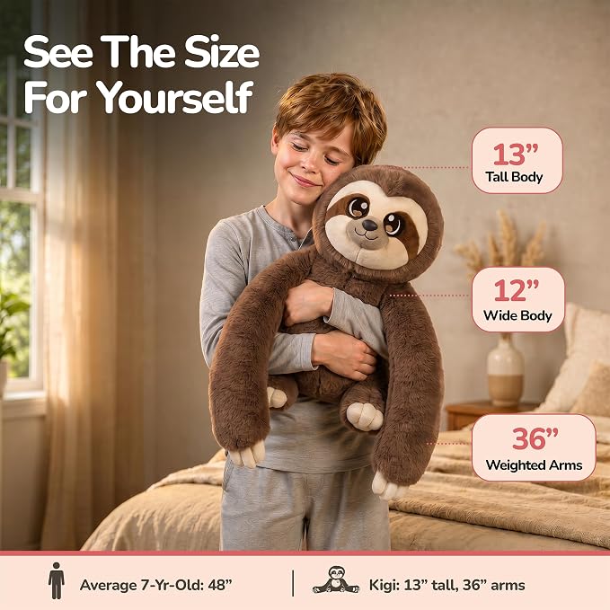Huggle Healers Weighted Stuffed Animals for Adults, Teens and Kids - 36 Inch Long Plush Arms for Hugs - 4.5lb Sloth Stuffed Animal Plushies - Kigi Sloth