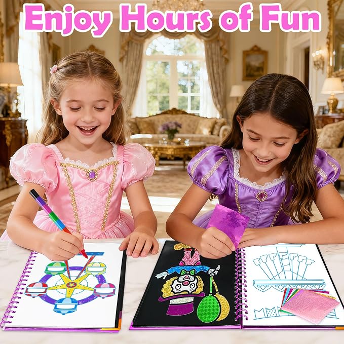 FUNNYB&G Foil Art Craft Kit for Girls 4-10 Years Old: Mess-Free & No-Glue, Create 16 Sparkly Amusement Park Pictures – Perfect Travel Toy & Birthday Gift for Kids （Amusement Park）
