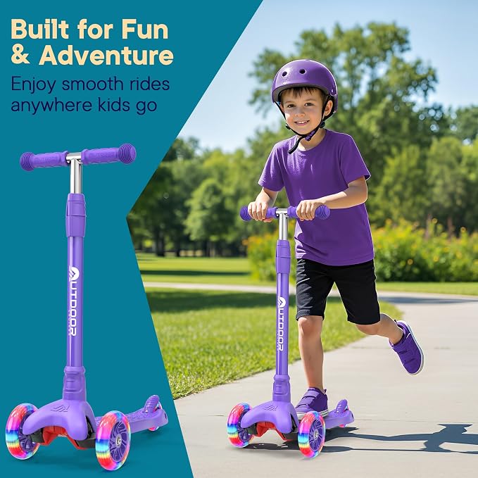 Outdoor Cruiser 3-wheel Kids Scooter – With Lean-to-steer Technology, Wide Deck, Led Lighted Wheel, 4-level Adjustable Height T-bar Handle, Support Kid Up to 150 Lbs, for Boys & Girls Ages 3-8, Purple