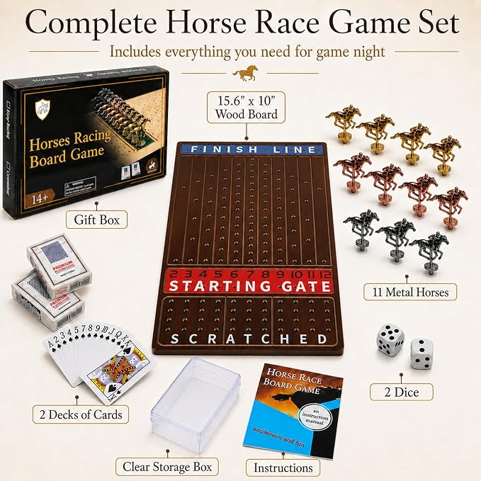 Jyquorp Horse Race Board Game Wooden Kentucky Derby Party Game Set with 11 Metal Horses, 2 Dice & 2 Card Decks, Large Solid Wood Horse Racing Board Game for Family & Adults (15.6" x 10")