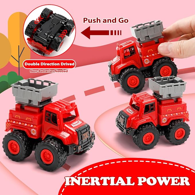4 Pack Friction Powered Fire Truck Toys, Push and Go Emergency Vehicle Set with Ladder, Water Tank, Rescue & Drill Trucks, Durable Play Trucks for Toddlers 1-5, Gift for Boys Girls