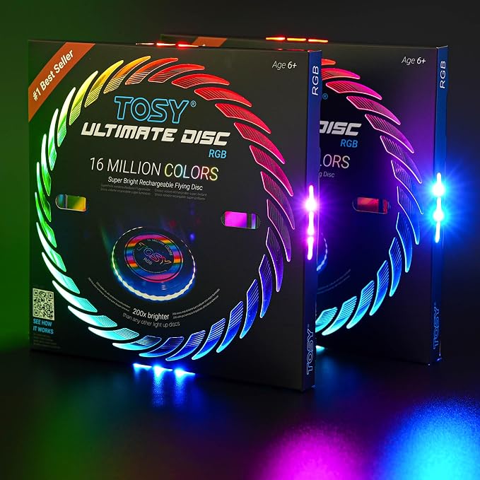 TOSY Flying Disc - 108 RGB Multicolor or 36 Monocolor LEDs, Super Bright, Smart Modes, Easter Basket Stuffers Gift, Camping Toy for Kid/Teen/Adult, Auto Light Up, Rechargeable, Waterproof, 175g