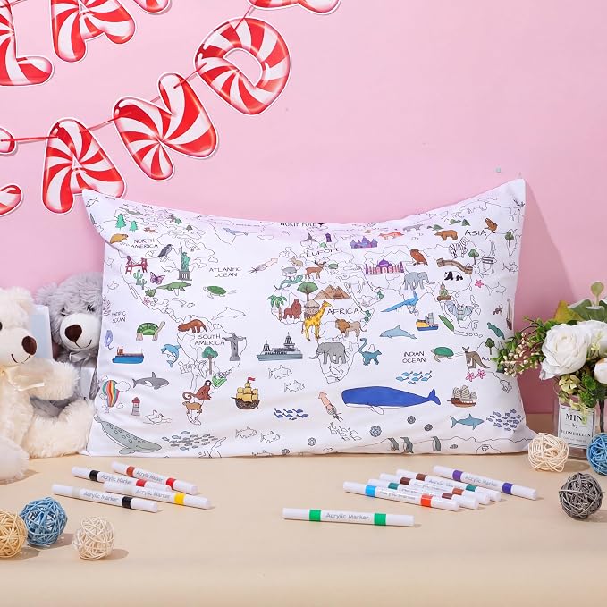 Mindsoft Coloring Craft Coloring Pillowcase World Map Pillowcase with 12 Pcs Markers Pens for Decoration Supplies Craft, 28.7 x 19.7 Inch