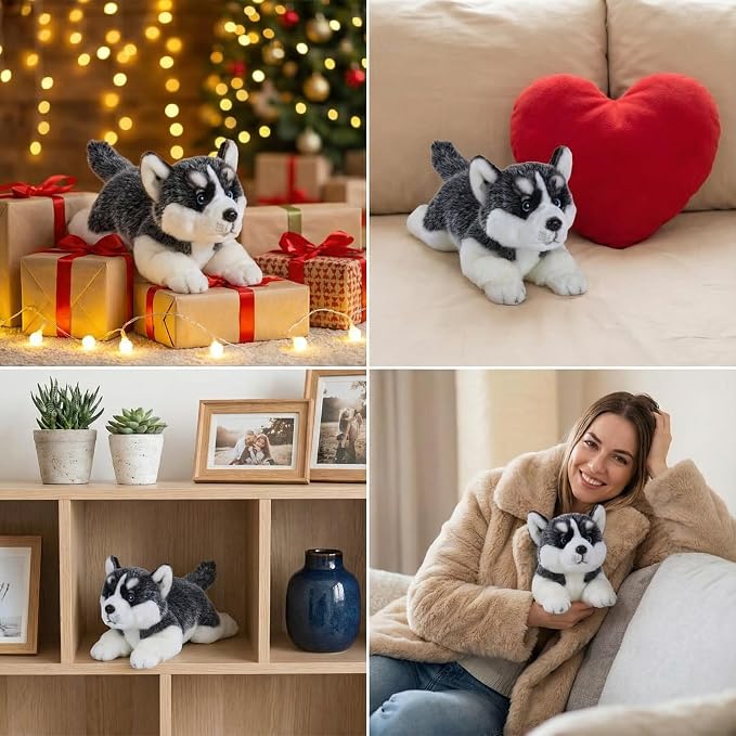 CU-MATE 16" Plush Siberian Husky Dog Toys, Simulation-Realistic & Lifelike Soft Stuffed Animal Dog, Handmade Lying Stuffed Dog Toys, Present Gift for Boys and Girls