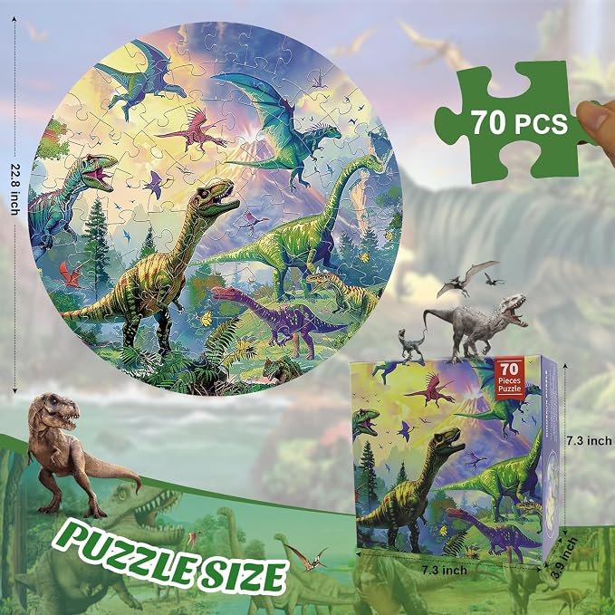 Floor Puzzles for Kids Ages 4-6 70 Piece Dinosaur Puzzles 3-5 Large Round Toddler Jigsaw Puzzles Preschool Learning Educational Toy Birthday Gift for Boys Girls Ages 6-8