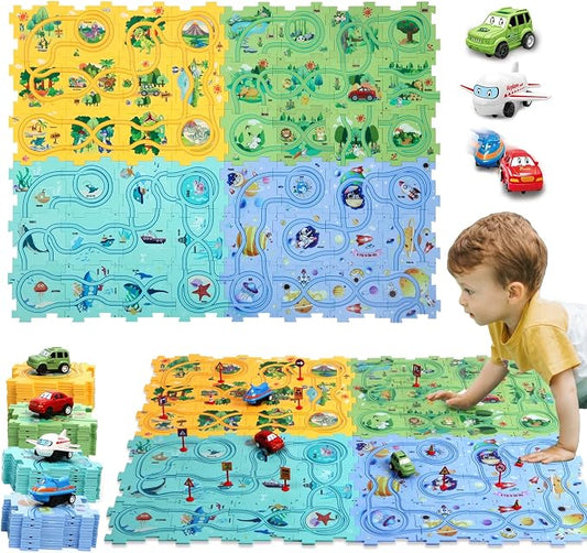 100PCS Puzzle Racer Kids Car Track Set Puzzle Racer Car Track Set with Roadmap Puzzle Track Car Play Set Toy for Kids 3-8 Years Old - 4 Style