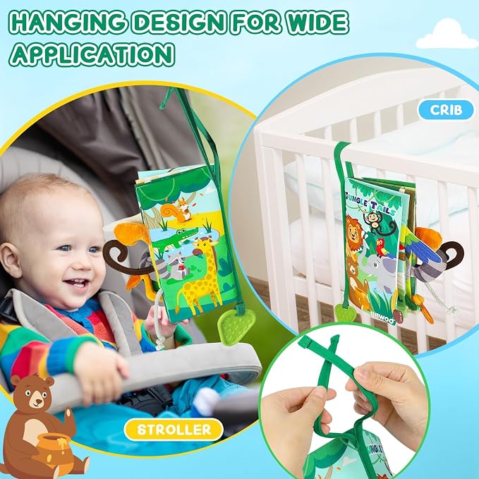 BBWOO Soft Baby Book Toy - Newborn Boy Girl Shower Gift - Tummy Time Toy for Infant 0-6 6-12 Months - Touch and Feel Sensory Crinkle Book with Teether - Baby Boy Girl Gift