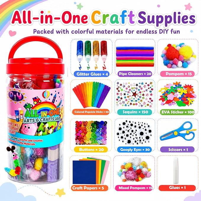 FUNZBO Arts and Crafts Supplies for Kids - Toddlers Craft Kit with Glitter Glue Stick, Pipe Cleaners, Pom Poms, Popsicle Sticks Tools, DIY School Supplies Kit, Birathday Gifts for Girls Boys Age 4+