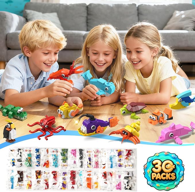 30 Pack Animals Party Favors For Kids, 824PCS Marine Animal Building Block Toy Sets for Goodie Bags Fillers Stocking Stuffer Classroom Prizes Stocking Stuffers Birthday Return Gifts for Boys Girls 6 +