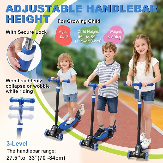 Scooters for Kids 6-8 8-12, Folding 3 Lighted Wheels Kick Scooter,3 Adjustable Height Handlebars, Lean-to-Steer,Widen Anti-Slip Deck, Heavy Duty Scooter for Boys Girls Ages 6-12,up to 170 Lbs