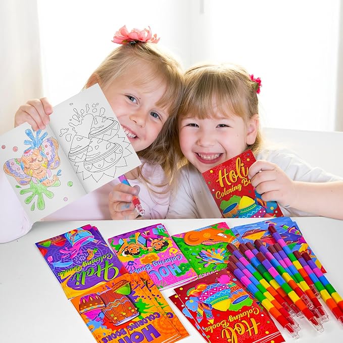 Cinrobiye 24 Set Holi Coloring Books Bulk DIY Mini Happy Holi Art Drawing Set with Stackable Crayons for Festival Party Gifts Goodie Bag Fillers Classroom Activity Rewards