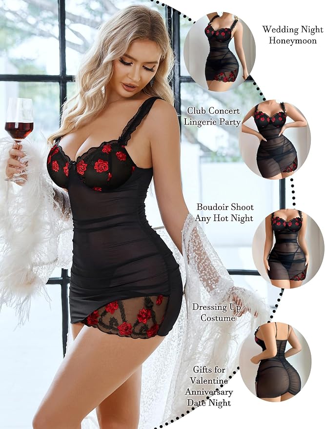 Avidlove Lingerie for Women Mesh Babydoll Lingeries Lace Chemise Floral Sleepwear Dress Sheer Exotic Boudoir Outfit S-XXL