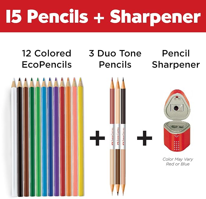 Faber-Castell World Colors Colored EcoPencils | 15 Colored Pencils, Skin Tone & Portrait Shades | Multicolor Colored Pencil Set for Drawing, Coloring, Classroom Use & Creative Expression (Ages 3+)
