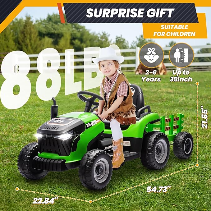 JOYRACER 24V Ride On Toys for Kids, Electric Ride on Tractor w/400W Motors, Tiltable & Detachable Trailer, Adjustable Seat, Bluetooth, Music, Remote Control Tractor Toys for Kids Ages 3+, Green