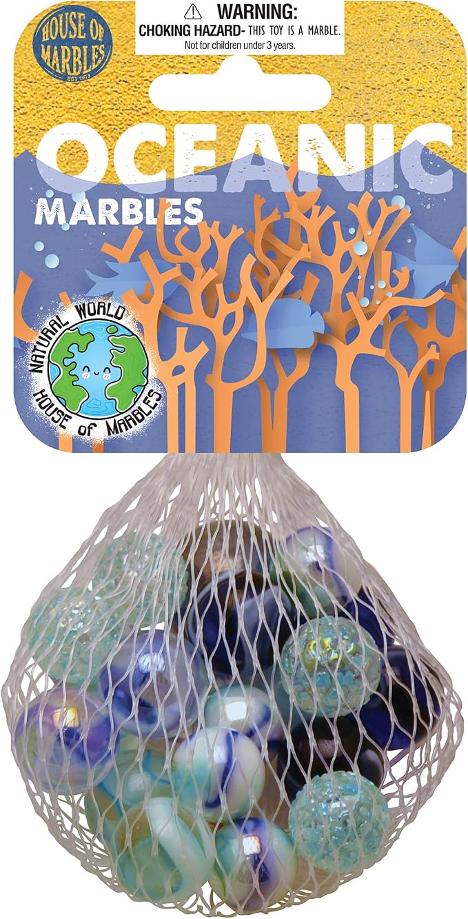 House of Marbles Oceanic Marbles Net Bag - Ocean-Themed Marble Set for Marble Games, Marble Runs, Collecting, Party Bags, Stocking Fillers & Gifts