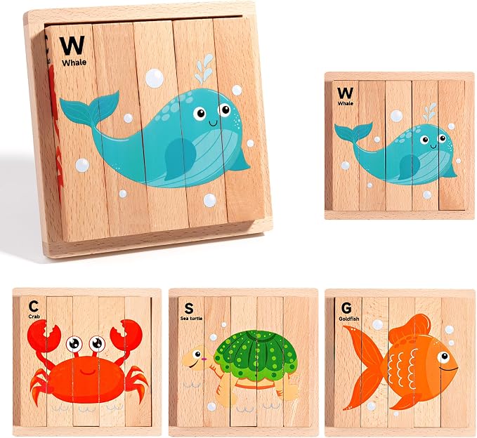 4 in 1 Montessori Wooden Puzzle Toy for Toddlers Ages 2 and Up – Educational Toys for Kids, Toddler Puzzle Toy for Early Learning & Fine Motor Development-Ocean Creatures