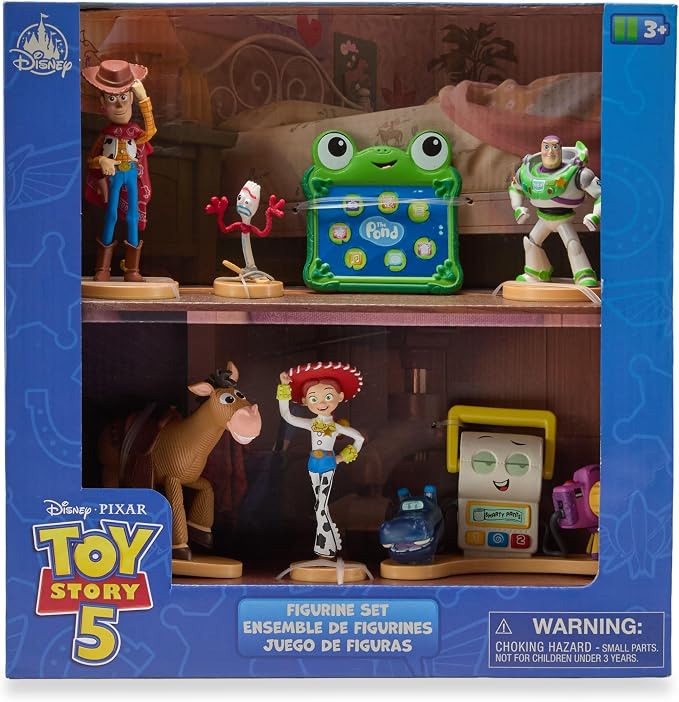 Disney Store Official Toy Story 5 Figure Set –7 Fully Sculpted Disney Figures Including Woody, Buzz, Forky, Lilypad, Bullseye, Jessie & Tech Trio in Double-Tiered Box with Scenic Backgrounds