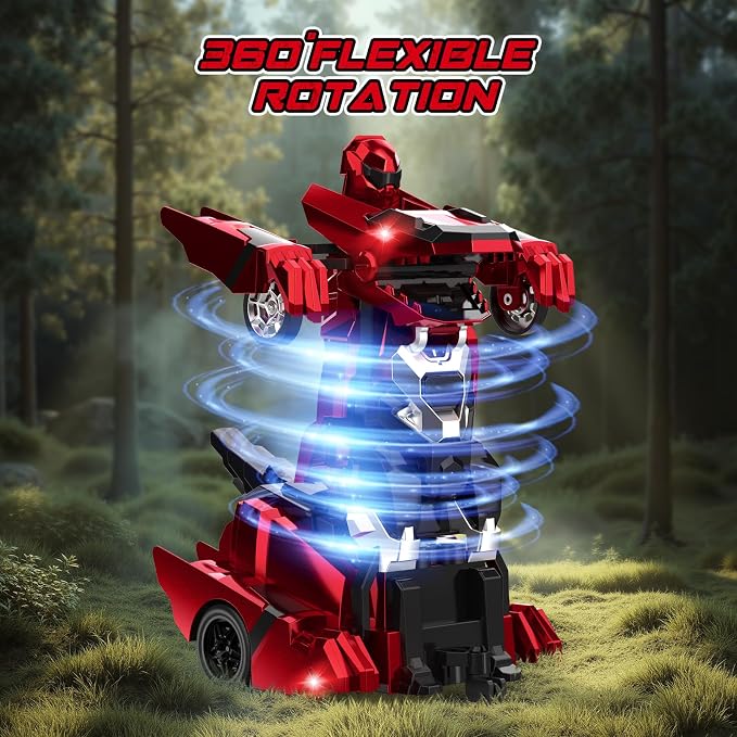 Kroyedfuw Dinosaur Transform Rc Cars, 2.4Ghz Remote Control Car Transforming Robot with Flashing Light, 360° Rotation One Button Deformation Car Toy Gifts for Boys Age 4-7 8-12
