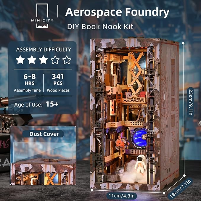 MiniCity Book Nook Kit, DIY Miniature Dollhouse Kit 3D Puzzles for Adults Tiny House Mini Home Craft Bookshelf Nook Puzzle Book Decor Gifts for Teenagers Book Lovers (Aerospace Foundry)