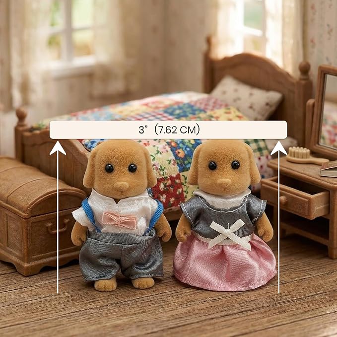 Family Brown Dog Figures — Set of 2 Collectible Flocked Mini Dolls with Removable Clothes, Dollhouse Pretend Play Set for Kids Ages 3+