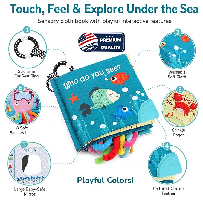 Fish Baby Books Toys, Touch Feel Cloth Crinkle Books for Babies,Baby Infant Toys 0-6, 6-12,12-18 Months,Newborn,Early Learning Education, Baby Gifts Shower for Boys Girls,Teething, Mirror,Shark Ocean