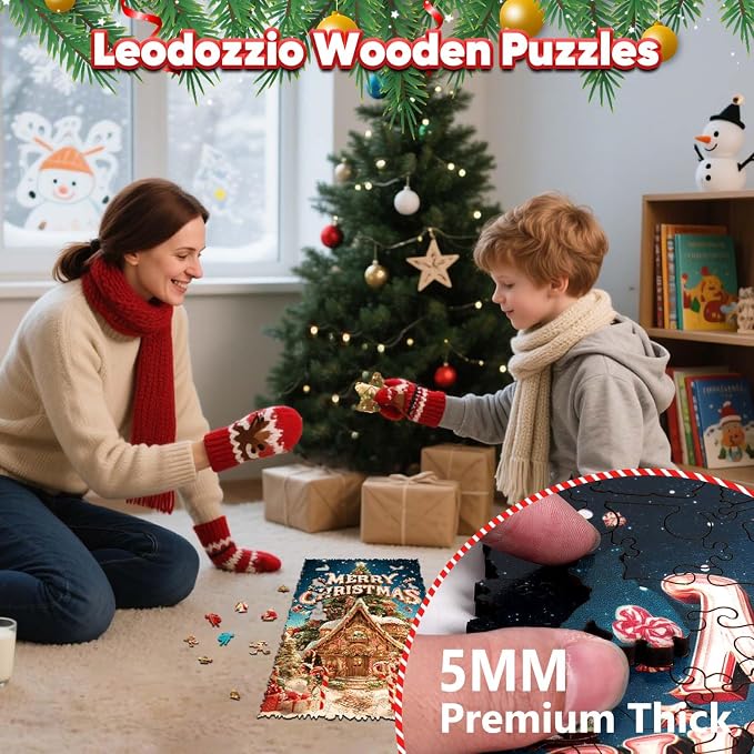 Leodozzio Christmas Tree Snowhouse Wooden Puzzles for Adults 500 Pieces, 5MM Unique Winter Shape Jigsaw Puzzle for Grandkids, Holiday Decoration Gifts, Family Game,10x18.3 in