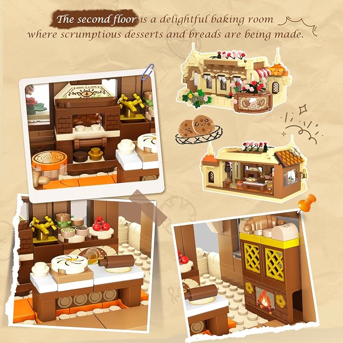 INSOON City Bakery Cafe House Building Set with Light, 1289 PCS Baking Shop Building Block Toy with Coffee Cake Bread Bakery Room, Pastry Construction Model for Adults Teens Kids Boys Girls Ages 8-12+