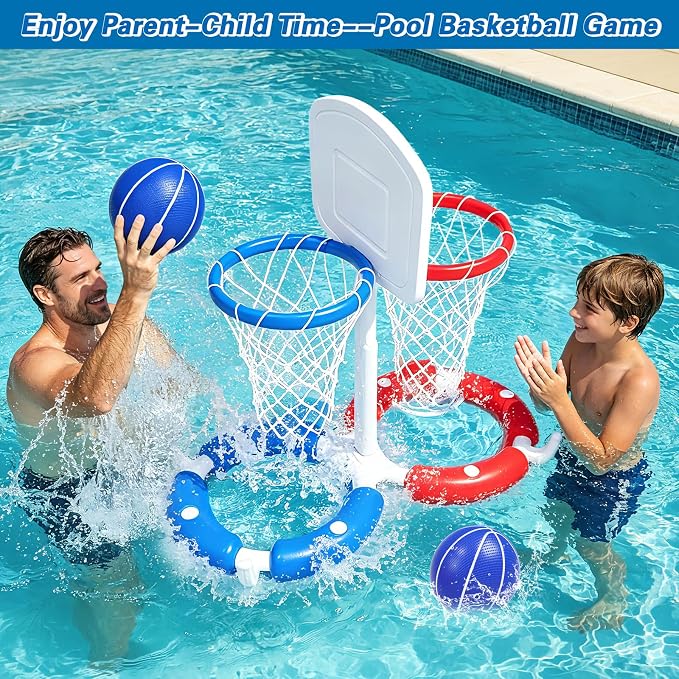 Double Pool Basketball Hoop with Backboard &Ring Toss Game, 2-in-1 Floating Pool Toy with 4 Balls 8 Rings&Pump,2 Player Games Summer Activities for Kids 5-8 8-12& Adult,Outdoor Swimming Party Gifts
