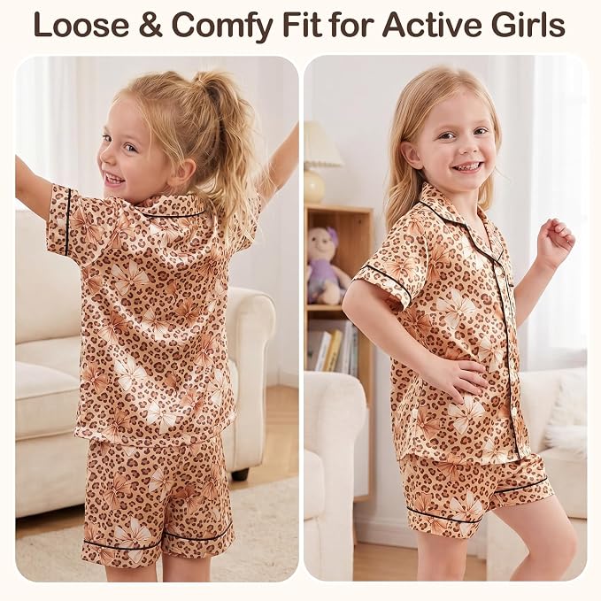 FIOBEE Girls Satin Pajamas Doll Matching Clothes, Stain Button Down Pjs Set Fits 18 Inch Dolls Soft Silky Toddler Kids Sleepwear Brown Leopard