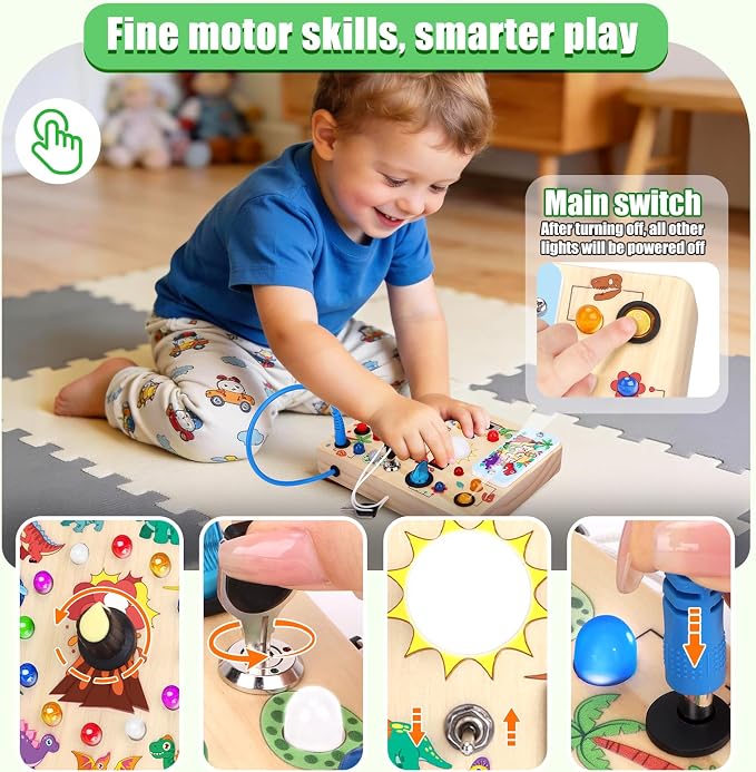 Konijiwa Busy Board - Montessori Toys for 1-3 Years Old Boys & Girls | Sensory Toys for Kids with Autism | Toddlers Learning Activity for Early Development (Dinosaur Busy Board v2)