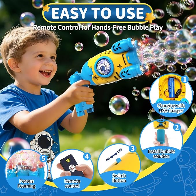 Bubble Gun for Kids, Automatic Rocket Bubble Machine, Handheld & Bicycle Use, Rechargeable Bubble Blower with Solution & LED Light, Summer Outdoor Toy, Gift for Boys Girls Age 3 4 5 6 7 8-12(Yellow)