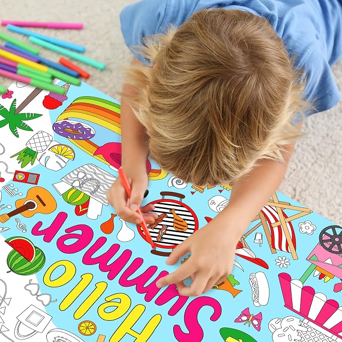 ZOIIWA Hello Summer Coloring Poster Giant Coloring Poster Large Summer Coloring Tablecloth Jumbo Coloring Books Classroom Home Birthday Party Supplies Favor 31.4 x 43.3 Inch