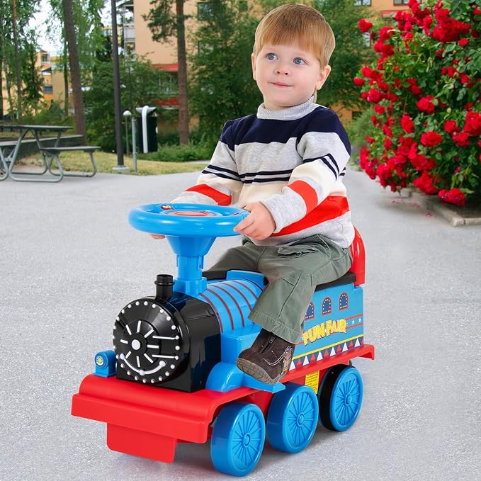 Costzon Ride on Toys, 6V Electric Ride on Train with Tracks, Storage Seat, Light & Music, Backrest, Anti-tilt Device, for Toddler Boys & Girls, Battery Powered Ride on Car (Navy Blue)