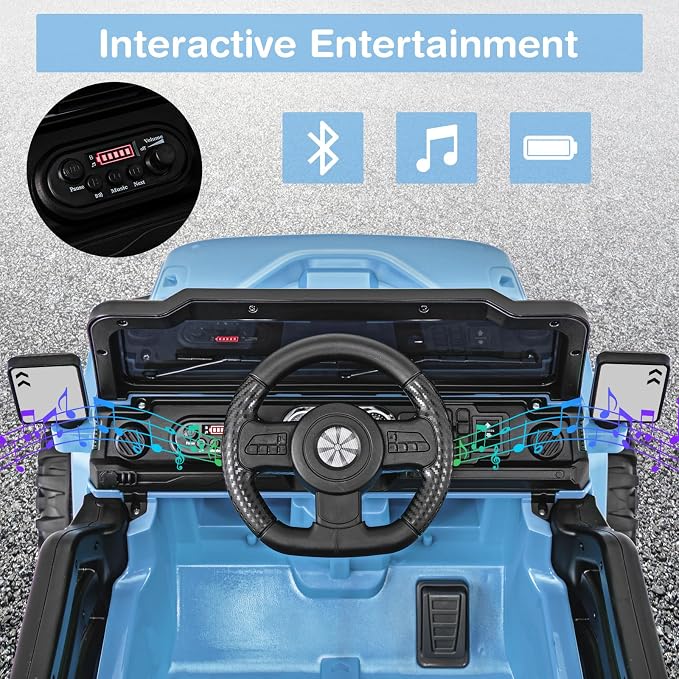 Costzon 12V Kids Ride on Truck Car, Electric Vehicle w/Remote Control, Threaded Wheels, 3 Speeds, LED Lights, Music, Horn & Wireless Connection, Battery Powered Ride on Toy for Boys & Girls 3+ (Blue)