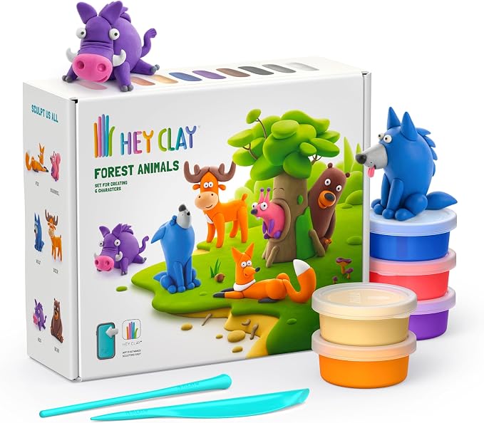 HEY CLAY Set - Colourful Modeling Air Dry Clay Kit for Kids 15 cans and Sculpting Tools with Fun Interactive Instructions App - Children 3+ (Forest Animals)